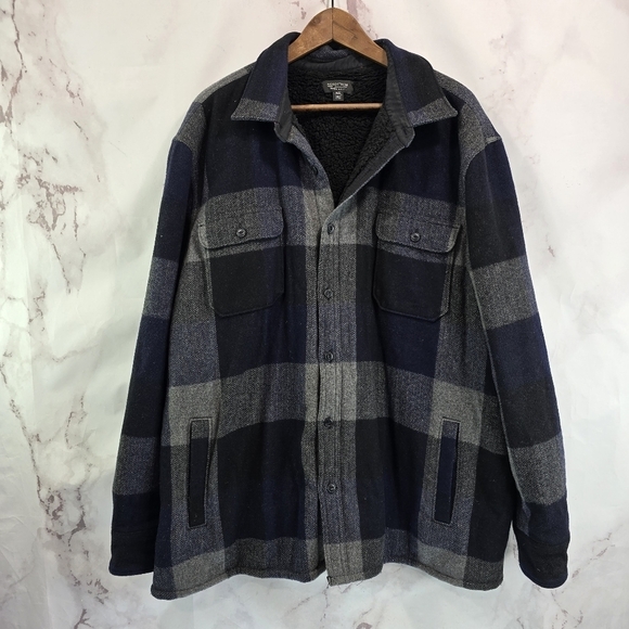 Wool Shirt Jacket Mens XXL Blue Black Plaid Button Shacket Fleece Coat Nordstrom - Picture 1 of 12
